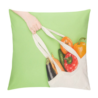 Personality  Partial View Of Woman Holding Handle Of Cotton Bag Full Of Ripe Vegetables Pillow Covers