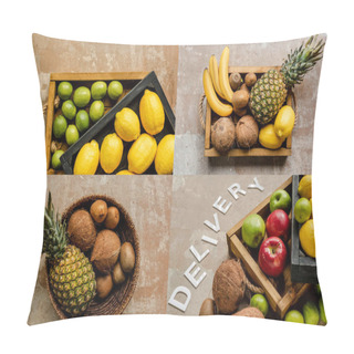Personality  Collage Of Ripe Fresh Fruits In Wooden Boxes And Basket Near Word Delivery On Weathered Surface Pillow Covers