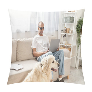 Personality  A Man With Myasthenia Gravis Syndrome Works On A Laptop While A Loyal Labrador Dog Keeps Him Company On The Couch. Pillow Covers