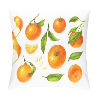 Personality  Mandarin And Green Leaves Watercolor Collection Of Citrus Fruits, Orange, Botanical Painting Pillow Covers