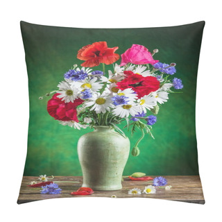 Personality  Bouquet Of Field Flowers In The Vase On The Wooden Table. Pillow Covers