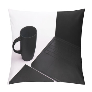 Personality  Notebook And Cup Near Black Laptop On White  Pillow Covers