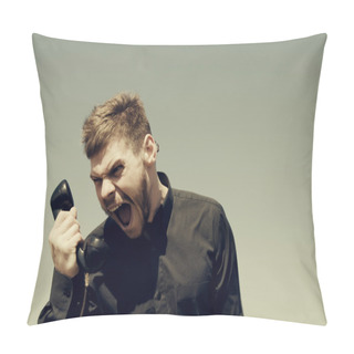Personality  Portrait Of An Angry Young Man With Phone. Pillow Covers