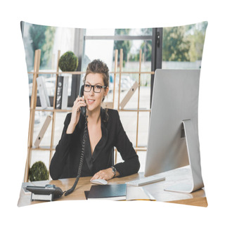 Personality  Smiling Attractive Businesswoman Talking By Stationary Telephone In Office And Looking At Camera Pillow Covers