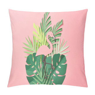 Personality  Top View Of Paper Cut Flamingos On Green Palm Leaves On Pink Background Pillow Covers