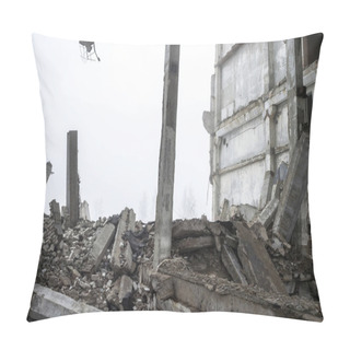 Personality  The Destroyed Big Concrete Building In A Foggy Haze. Background. Pillow Covers