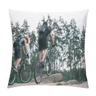 Personality  Two Male Extreme Cyclists In Protective Helmets Riding On Mountain Bicycles In Forest Pillow Covers