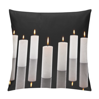 Personality  Selective Focus Of Burning White Candles Glowing Isolated On Black Pillow Covers