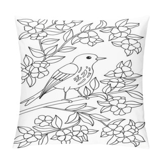 Personality  A Beautiful Bird Is Sitting On A Branch Of A Blooming Tree In Flowers. Coloring Page For Children And Adults. Vector Illustration. Pillow Covers