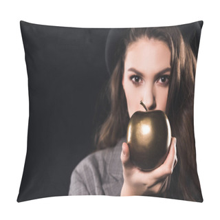 Personality  Close-up View Of Young Woman Holding Golden Apple And Looking At Camera Isolated On Black Pillow Covers