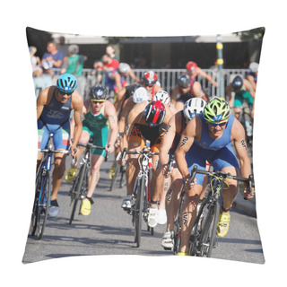 Personality  STOCKHOLM, SWEDEN - AUG 23, 2015: Close-up Of  Group Of Muscular Cycling Triathlon Competitors Fighting In The Men's ITU World Triathlon Series Event August 23, 2015 In Stockholm, Sweden Pillow Covers