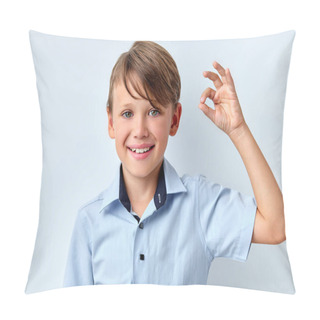 Personality  Its OK. Happy Child Boy Showing Ok Gesture, Isolated On White Studio Background Pillow Covers