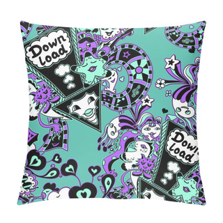 Personality  Seamless Pattern With Doodle Monsters Cyan Lilac Black Pillow Covers