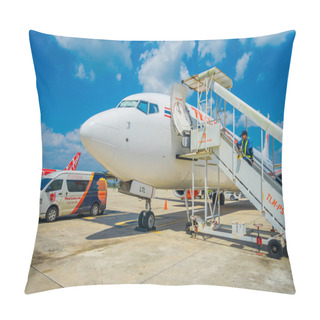 Personality  KRABI, THAILAND - FEBRUARY 02, 2018: Outdoor View Of Passenger Getting On A Thai Air Asia Plane At Krabi International Airport In Krabi, Thailand Pillow Covers