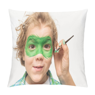 Personality  Cropped View Of Artist Painting Gecko Mask On Face Of Shaggy, Cheerful Boy Isolated On White Pillow Covers