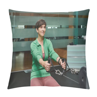 Personality  Strong And Athletic, Elderly Woman Working Out In Gym, Fitness, Exercise Machine, Sportswoman Pillow Covers