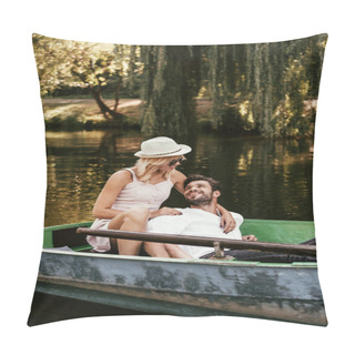 Personality  Young Woman In Sundress And Hat Hugging Happy Boyfriend While Sitting In Boat On Lake Pillow Covers