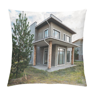 Personality  Modern Concrete Building With Green Yard Under Cloudy Sky Pillow Covers
