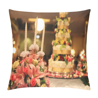 Personality  Candles And Flower Bouquets Near Wedding Cake Pillow Covers