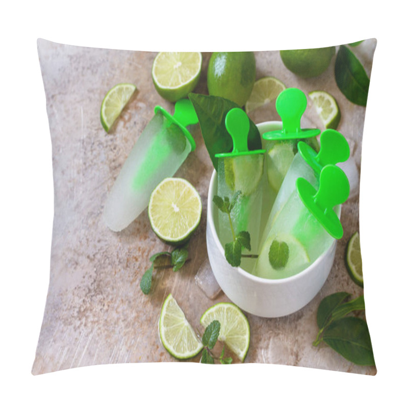 Personality  Homemade Popsicles With Lime Juice And Mint, Mojito Fruit Ice On A Light Stone Or Slate Background. Copy Space Pillow Covers