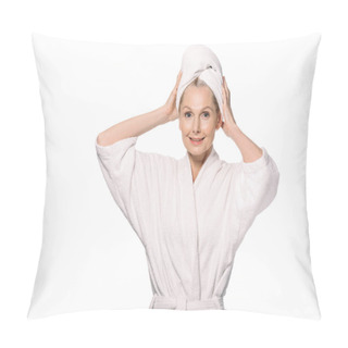 Personality  Middle Aged Woman In Bath Robe Pillow Covers
