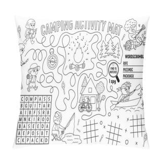 Personality  Vector Camping Placemat. Summer Camp Holidays Printable Activity Mat With Maze, Tic Tac Toe Charts, Connect The Dots, Wordsearch. Black And White Play Mat Or Coloring Page With Cute Kid Pillow Covers