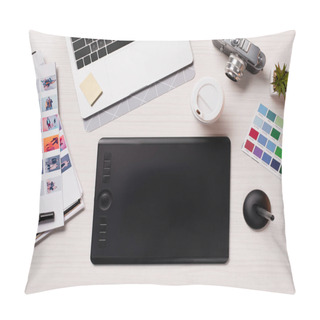 Personality  Office Desk With Laptop, Graphics Tablet, Pen And Designer Supplies, Flat Lay Pillow Covers