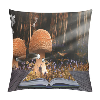 Personality  Magical Book With Contents Spilling Into Landscape Background Pillow Covers