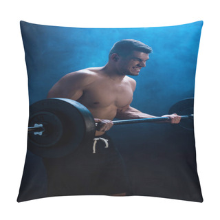 Personality  Tense Muscular Bodybuilder With Bare Torso Excising With Barbell On Black Background With Smoke  Pillow Covers