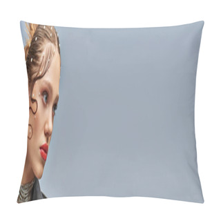 Personality  Banner Of Glamourous Young Woman With Pearl Pins In Hair And Red Lips Posing On Grey Background Pillow Covers