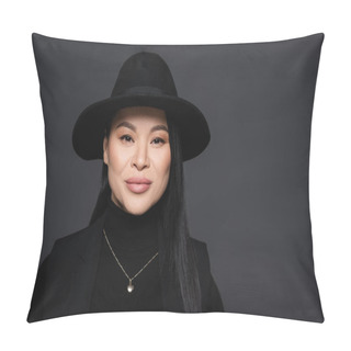 Personality  Portrait Of Stylish Asian Woman In Fedora Hat Looking At Camera Isolated On Dark Grey Pillow Covers