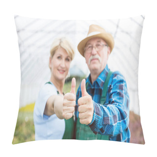 Personality  Professional Gardeners Showing Thumbs Up In A Greenhouse. Pillow Covers