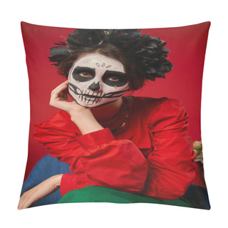 Personality  Portrait Of Woman In Skull Makeup And Black Wreath Looking At Camera On Red, Day Of Dead Tradition Pillow Covers