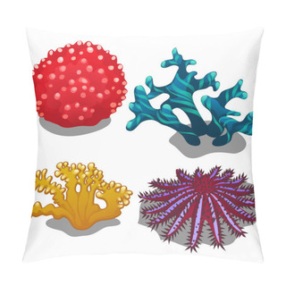 Personality  Set Of Colorful Corals Isolated On White Background. Crown Of Thorns Starfish Or Seastar Acanthaster Planci. Vector Illustration. Pillow Covers