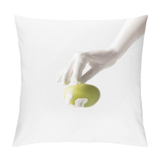 Personality  Cropped Image Of Woman In White Paint Holding Apple Isolated On White Pillow Covers