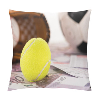 Personality  Selective Focus Of Tennis Ball Near Soccer Ball, Baseball Glove And Ball On Dollar And Euro Banknotes Isolated On White, Sports Betting Concept Pillow Covers