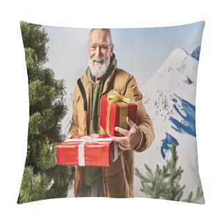 Personality  Happy Santa In Warm Jacket Holding Presents Near Pine Tree With Mountains Backdrop, Winter Concept Pillow Covers