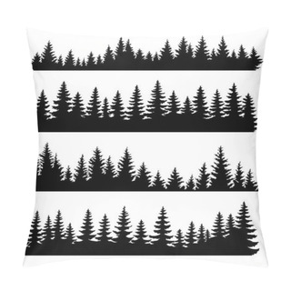 Personality  Fir Trees Silhouettes Set. Coniferous Or Spruce Forest Horizontal Background Patterns, Black Pine Woods Vector Illustration. Beautiful Hand Drawn Coniferous Panoramas. Pillow Covers