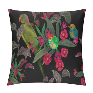 Personality  Exotic Birds, Parrot On Branches Of Tropical Tree. Seamless Flor Pillow Covers