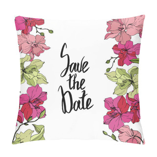 Personality  Beautiful Pink And Yellow Orchid Flowers. Engraved Ink Art. Floral Borders. Save The Date Handwriting Monogram Calligraphy.  Pillow Covers
