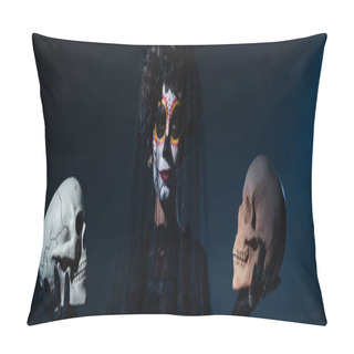 Personality  Woman In Creepy Halloween Costume And Makeup Holding Skulls On Black And Blue Background, Banner Pillow Covers