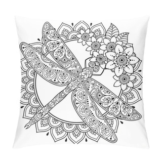Personality  Circular Pattern In Form Of Mandala With Dragonfly And Flower For Henna, Mehndi, Tattoo, Decoration. Decorative Ornament In Ethnic Oriental Style. Frame In The Eastern Tradition. Pillow Covers