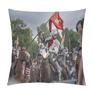 Personality  Knightly Tournament, Historical Reenactment (reconstruction) Of Middle Ages. Knight On Horses And Fight. Pillow Covers