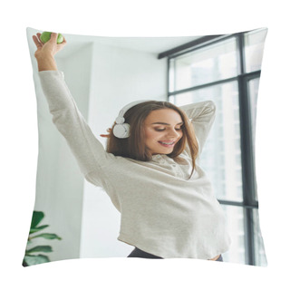 Personality  Happy Woman With Braces Posing In Long Sleeve And Panties While Listening Music In Headphones Pillow Covers