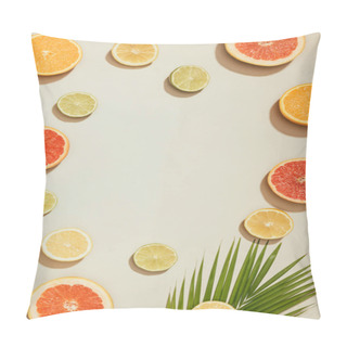 Personality  Full Frame Image Of Palm Leaf, Slices Of Grapefruits, Limes, Lemons And Orange On White Background Pillow Covers