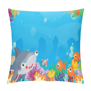 Personality  Cartoon Scene With Coral Reef With Happy And Cute Fish Swimming Shark - Illustration For Children Pillow Covers