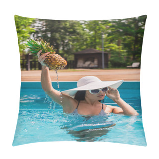 Personality  Woman In Sunglasses Rising Pineapple In Swimming Pool  Pillow Covers