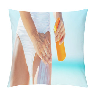 Personality  Closeup On Young Woman Applying Sun Block Creme On Beach Pillow Covers