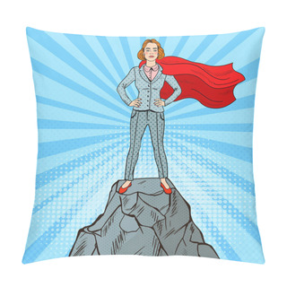 Personality  Pop Art Confident Business Woman Super Hero In Suit With Red Cape Standing On The Mountain Peak. Vector Illustration Pillow Covers