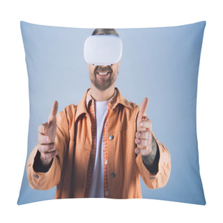 Personality  A Man In An Orange Shirt Experiences Virtual Reality Through A Headset In A Hi-tech Studio Environment. Pillow Covers
